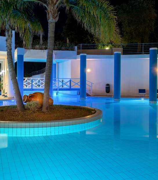 Anfora decorativa e palme al centro della piscina